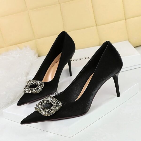 Bigtree Shoes 7239-Ak83 European and American Style Fashionable Banquet Women's Shoes Stiletto High Heel Shallow Mouth Pointed Rhinestone Metal Buckle Single-Layer Shoes for Women