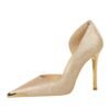 BIGTREE SHOES 8626-1 European and American Style Banquet National Style Women's Shoes High Heels Stiletto Heel Shallow Mouth Side Hollow Satin Metal Pointed Toe Pumps
