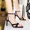 9e203776df28f1bd6a88af4b47fe555f 927-A5 European and American Style Summer Ankle-Strap High Heels Stiletto Heel Suede Hollow-out Open Toe Cross Strap Women's Sandals BIG TREE SHOES