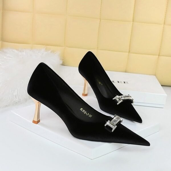 BIGTREE SHOES 1818-K80 Banquet Women's Shoes High Heel Shoes Xishi Suede Shallow Mouth Pointed Toe Rhinestone Buckle Metal Decorative High Heel Pumps