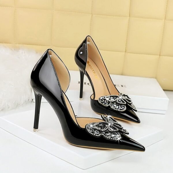 BIG TREE SHOES 638-H23 European and American Banquet Super High Heel Banquet Women's Shoes Patent Leather Stilettos Shallow Mouth Pointed Toe Rhinestone Bow Pumps