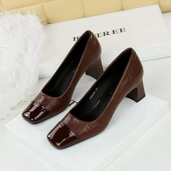 BIGTREE SHOES 5293 Retro Style Women's Shoes Chunky Heel Mid-Heel Low-Cut Stitching Square Toe European and American Banquet Versatile Fashion New Single Layer Shoes Women