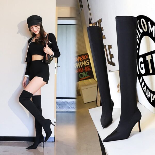 BIG TREE SHOES 315-A9 European and American Style Simple High Heel Pointed Elastic Lycra Thinner Pedicure Leg Repair over-the-Knee Boots