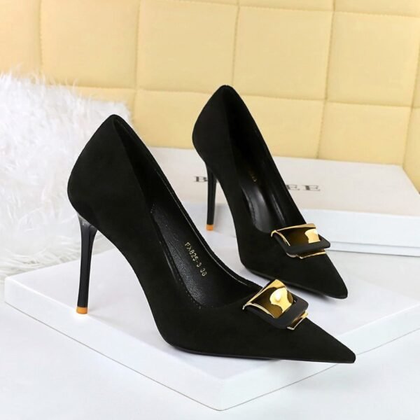 a12517cad507856e8446a6a5b92a3561 BIGTREE SHOES 825-K56 European and American Style Super High Heel Women's Shoes Stiletto Suede Shallow Mouth Pointed Toe Metal Buckle Decorative Pumps High Heels