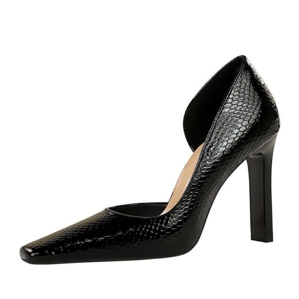 BIG TREE SHOES 3275-5 Retro European American Style Snake Print Patent Leather High Heel Shoes Chunky Heel Low-Cut Square Toe Side Hollow Banquet High Heel Pumps