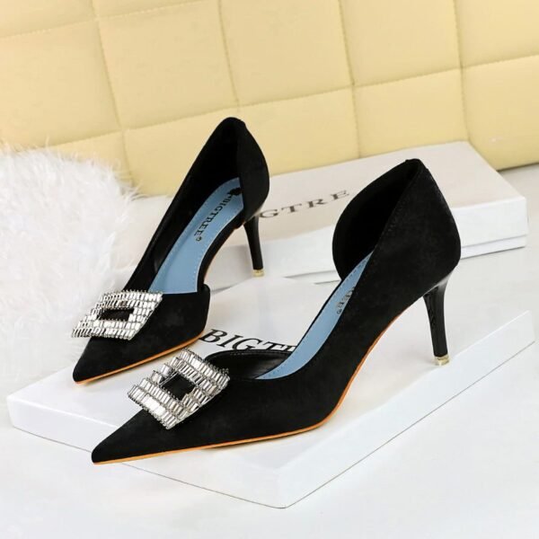 BIGTREE SHOES 6168-Ak50 Korean Style Fashion Banquet Women's Shoes Stiletto Heel Cloth Shallow Mouth Pointed-Toe Metal Rhinestone Buckle Pumps