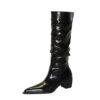 big tree shoes 009-18 Retro European American Style Women's over-the-Knee Boots Chunky Heel Mid Heel Pointed Wrinkled Surface Glossy High Leg Boot Knight Boots