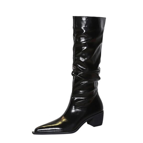 big tree shoes 009-18 Retro European American Style Women's over-the-Knee Boots Chunky Heel Mid Heel Pointed Wrinkled Surface Glossy High Leg Boot Knight Boots