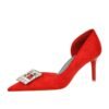 BIGTREE SHOES 6168-Ak50 Korean Style Fashion Banquet Women's Shoes Stiletto Heel Cloth Shallow Mouth Pointed-Toe Metal Rhinestone Buckle Pumps