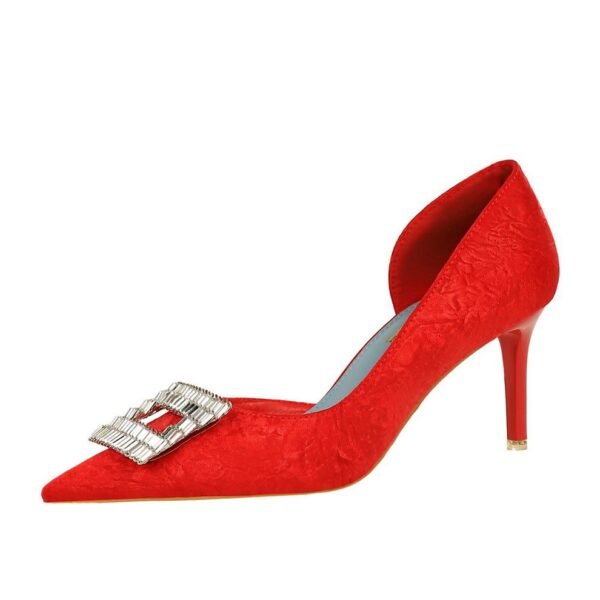 BIGTREE SHOES 6168-Ak50 Korean Style Fashion Banquet Women's Shoes Stiletto Heel Cloth Shallow Mouth Pointed-Toe Metal Rhinestone Buckle Pumps