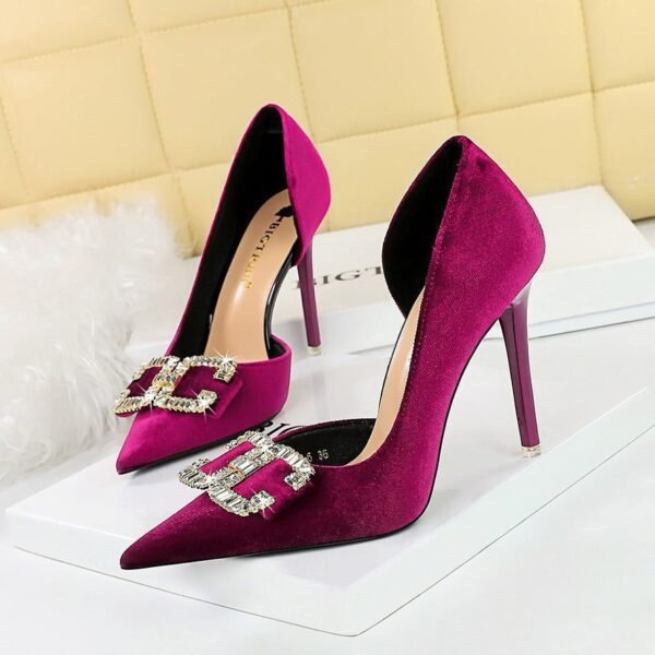 Bigtree Shoes 1363-K78 European and American High Heels Stiletto Heel Shallow Mouth Pointed Side Hollow out Thick Suede Rhinestone Buckle Bow Pumps