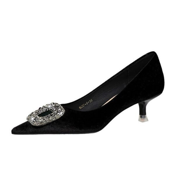 BIGTREE SHOES 237-K83 Banquet European and American Style Women's Shoes Stiletto Mid-Heel Shallow Mouth Pointed Toe Thick Suede Metal Rhinestone Buckle Pumps