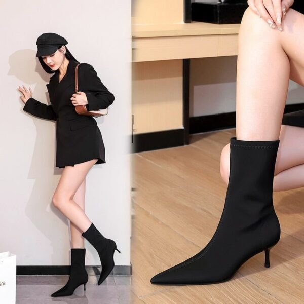 BIG TREE SHOES 328-1 European and American Style Fashionable Simple Stiletto Heel Shallow Mouth Pointed Elastic Lycra Slimming Pedicure Women's Boots Short Boots