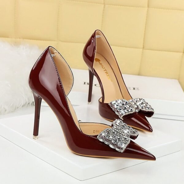 BIG TREE SHOES 638-H20 Korean Style Banquet High Heels Stiletto Low-Cut Pointed Side Hollow Patent Leather Rhinestone Bow Pumps Women
