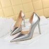 1363-A2 Korean fashion slim banquet fine heel high heel shallow pointed side hollow patent leather women's shoes single shoes high