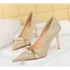 9283-1 European and American style houndstooth high-heeled high-heeled shallow-pointed pearl chain plaid women's shoes