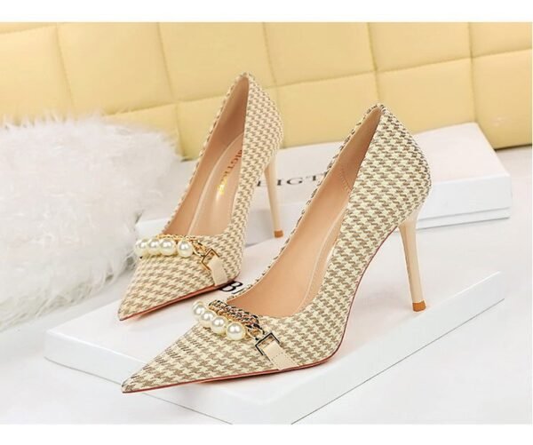 9283-1 European and American style houndstooth high-heeled high-heeled shallow-pointed pearl chain plaid women's shoes