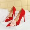 BIGTREE SHOES 1829-H57 Korean Fashion Sweet High Heels Stiletto Very Suede Shallow Mouth Pointed-Toe Colorblock Flower Shoes