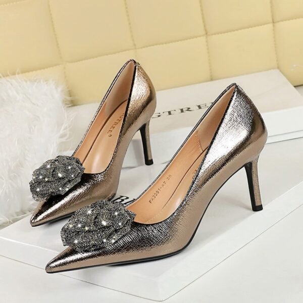 BIGTREE SHOES 3391-ah52 European and American Style High Heels Women's Shoes Shallow Mouth Pointed Toe Rhinestone Rose Pumps High Heel Women's Shoes