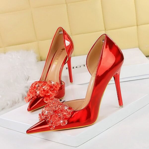 BIGTREE SHOES 18188-H27 European and American Banquet High Heels Light Luxury Women's Shoes Shallow Mouth Pointed Toe Side Hollow Rhinestone Bow Pumps