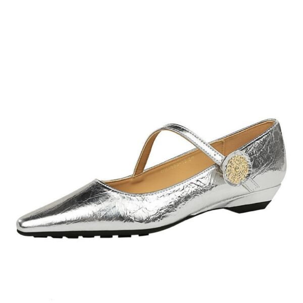 BIGTREE SHOES 3683-7K92 Retro High-End Sense One-Strap Single Shoes Light Luxury Pointed Toe Wedge Low Heel Metal Decor High Heels