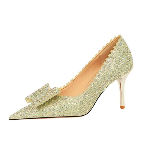 1932-A18 Korean Style Fashion Banquet Women's Shoes Stiletto Heel Shallow Mouth Pointed Toe Rhinestone Bow Women's Shoes Wedding Shoes