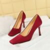 BIG TREE SHOES 7731-1 Korean Fashion Simple High Heels Stiletto Heel Low-Cut Square Toe Satin Banquet Women's Shoes Pumps