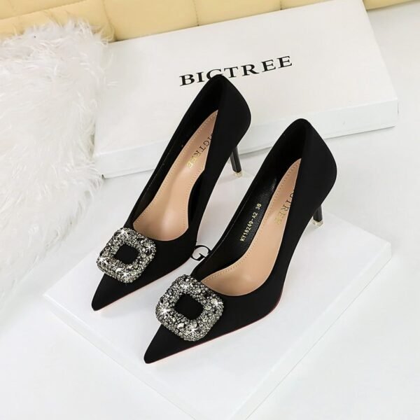 Bigtree Shoes 18249-ak83 European and American Style Banquet Women's Shoes Stiletto Heel Shallow Mouth Pointed Toe Satin Metal Rhinestone Buckle Women's Shoes