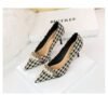 aa0411a093f396ddedc3ee893fcc0f97 9283-A1 European and American thin-heeled high-heeled shallow-pointed cloth plaid houndstooth metal chain pearl shoes