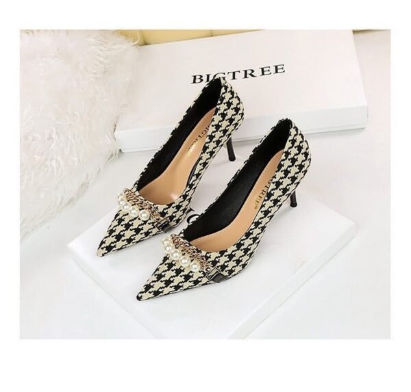 aa0411a093f396ddedc3ee893fcc0f97 9283-A1 European and American thin-heeled high-heeled shallow-pointed cloth plaid houndstooth metal chain pearl shoes