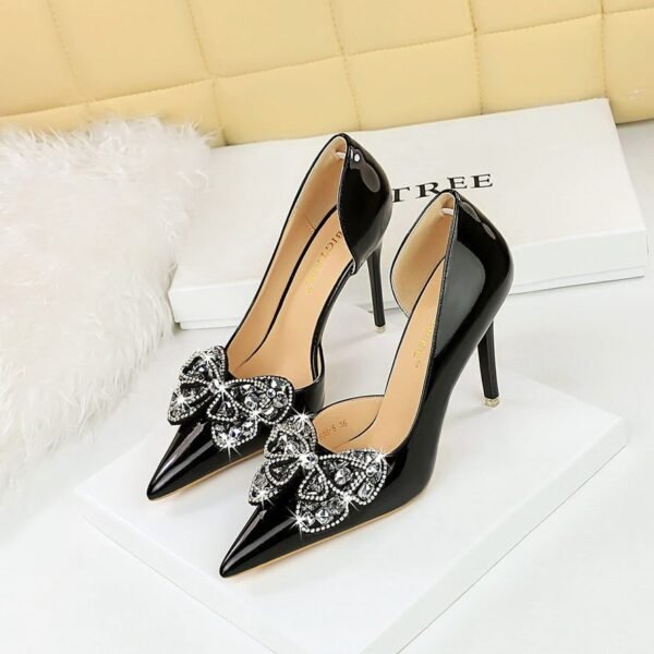 BIG TREE SHOES 638-H23 European and American Banquet Super High Heel Banquet Women's Shoes Patent Leather Stilettos Shallow Mouth Pointed Toe Rhinestone Bow Pumps