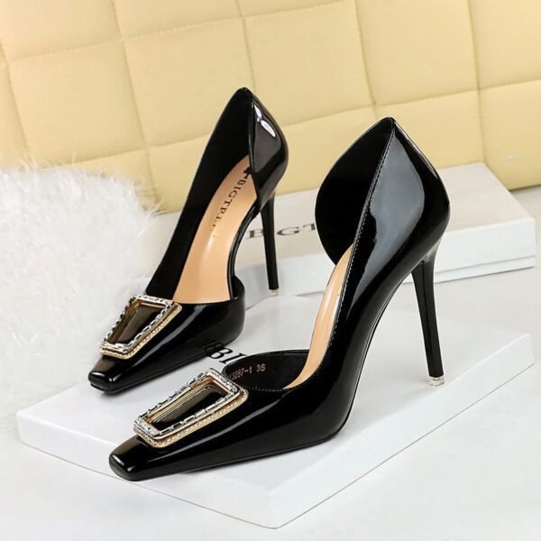 BIGTREE SHOES Patent Leather Stilettos-K39 European and American Style High Heels Low-Cut Square Toe Rhinestone Buckle Side Hollow Pumps High Heel Women's Shoes