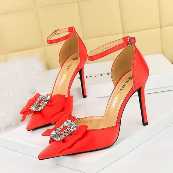 BIGTREE SHOES 9863-H32 Korean Style Hollow High Heel Shoes Pointed Toe Satin Rhinestone Buckle Bow Strap Sandals High Heel Women's Shoes