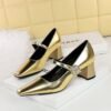 BIGTREE SHOES 5288-k89 European and American Style Banquet Women's Shoes Metal Rhinestone Buckle One-Strap Mid-Chunky Heel Low-Cut Square Heel Women's Shoes