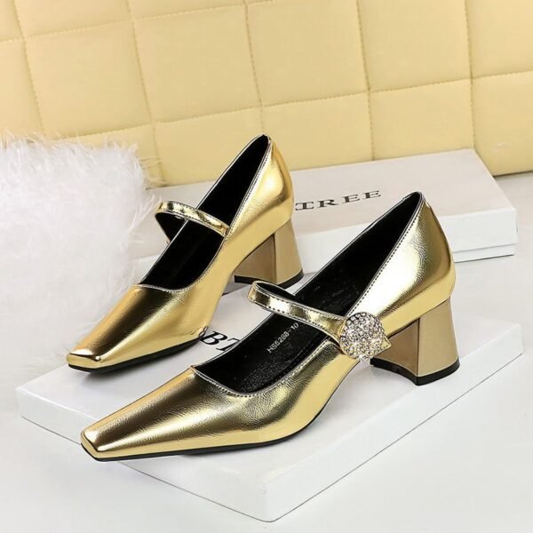 BIGTREE SHOES 5288-k89 European and American Style Banquet Women's Shoes Metal Rhinestone Buckle One-Strap Mid-Chunky Heel Low-Cut Square Heel Women's Shoes