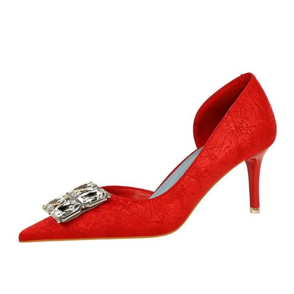 BIGTREE SHOES 6168-Ak58 Banquet Women's Shoes High Heel Hand Grip Wrinkle Surface Cloth Surface Shallow Mouth Pointed Side Hollow out Rhinestone Buckle Pumps