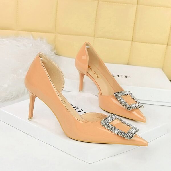BIGTREE SHOES 638-Ak63 Banquet High Heels Women's Shoes Patent Leather Low-Cut Pointed Toe Side Hollow Square Metal Rhinestone Buckle Pumps Women