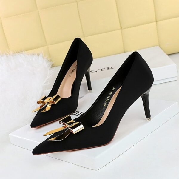BIGTREE SHOES 18249-AK68 Thin Heel High Heel Satin Shallow Pointed Toe Metal Bowknot Single Shoes