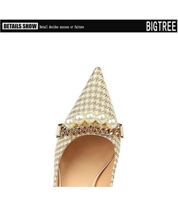 9283-1 European and American style houndstooth high-heeled high-heeled shallow-pointed pearl chain plaid women's shoes