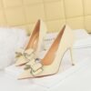 BIG TREE SHOES 3265-h36 Korean Style Banquet High Heels Stiletto Heel Women's Shoes Shallow Mouth Pointed Toe Rhinestone Bow Pumps Women