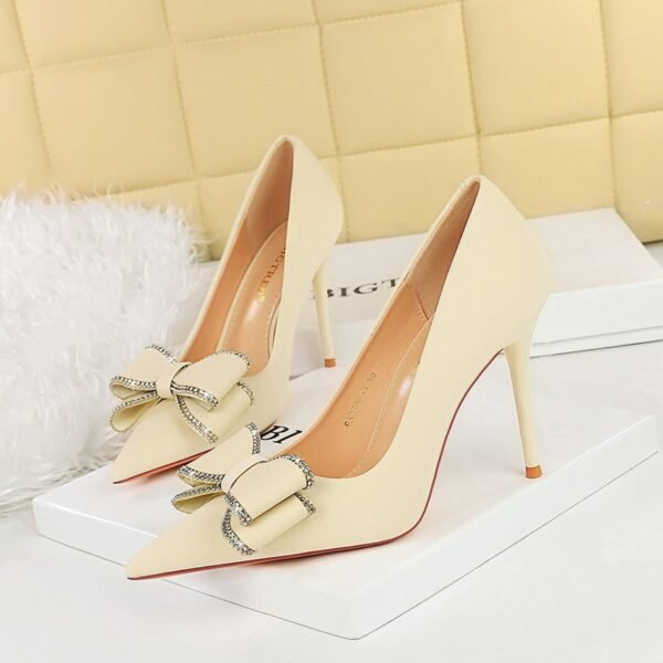 BIG TREE SHOES 3265-h36 Korean Style Banquet High Heels Stiletto Heel Women's Shoes Shallow Mouth Pointed Toe Rhinestone Bow Pumps Women