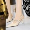BIGTREE SHOES 070-11 Korean Style Women's Shoes High Heel Low-Cut Pointed Toe T Shape with Rhinestones Buckle Hollow Back Strap Back Open Shoes Female