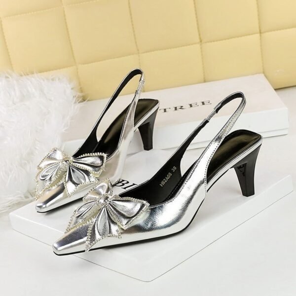 BIGTREE SHOES 2a06-h53 European and American Style Women's Shoes High Heel Low-Cut Square Toe Hollow out Back Strap Empty Rhinestone Bow Pumps