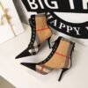 BIG TREE SHOES 8788-13 Korean Style Fashion Stiletto High Heel Pointed Toe Plaid Colorblock Suede Lace-up Trendy Cross Strap Ankle Boots