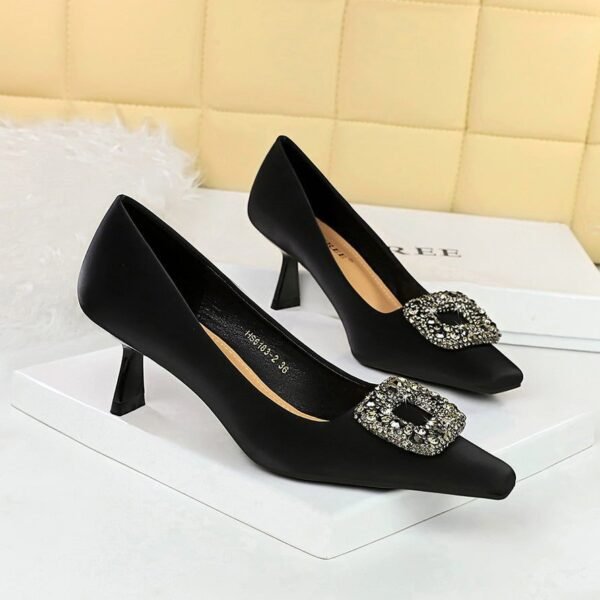 Bigtree Shoes 633-2k83 European and American Style All-Match Banquet Women's Shoes Stiletto Heel Shallow Mouth Square Toe Metal Buckle Rhinestone Buckle Single