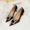 BIGTREE SHOES 1961-K71 European and American Style Fashion Banquet Spring and Autumn Women's Shoes Mid Heel Patent Leather Shallow Mouth Pointed-Toe Metal Rhinestone Buckle Pumps