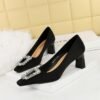 BIGTREE SHOES 6186-k30 European and American Style Banquet Women's Shoes Chunky Heel High Heel Satin Shallow Mouth Square Toe Metal Rhinestone Buckle Pumps Female