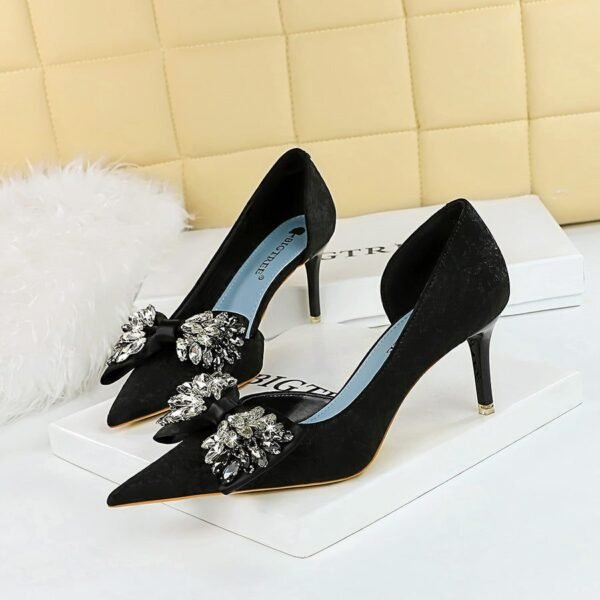 b05ee4c73d7171fd4460597abfb567a6 BIG TREE Shoes 6168-AH3 European and American Banquet Thinner Side Hollowed Women's Shoes Shallow Mouth Pointed Toe Rhinestone Bow High Heel Pumps