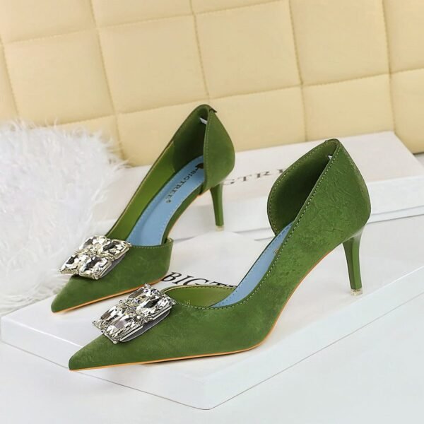 BIGTREE SHOES 6168-Ak58 Banquet Women's Shoes High Heel Hand Grip Wrinkle Surface Cloth Surface Shallow Mouth Pointed Side Hollow out Rhinestone Buckle Pumps