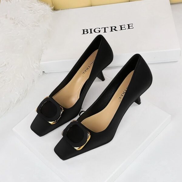 BIGTREE SHOES 6183-k22 European and American Spring and Autumn Banquet Women's Shoes High Heel Low-Cut Square Toe Metal Fastener Women's Thin Shoes High Heels